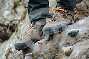 climbers feet in climbing shoes on small rock footholds