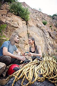 Climbers Getting Ready For Rock Climbing