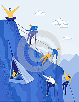 Climbers Group Reaching Mountain Peak Vector.