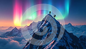 Climbers Summiting a Snowy Peak Under a Magical Aurora photo