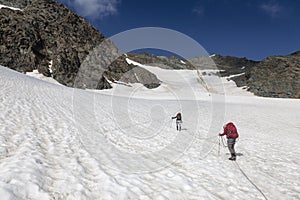 Climbers team on a trail through a dangerous glacier and avalanches in Austiran Alps. Route to the Grossglockner rock summit,