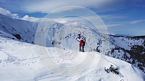 Climbers Walking Up Mountain Expedition Aerial Flight Epic Mountain Range Climb To Success Beautiful Peak Winter