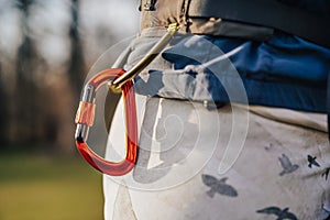 Climbing carabiner cliped or connected to a climbing harness. Climber wearing a harness with biner a