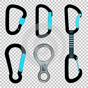 Climbing carabiners set quickdraw and figure eight descender