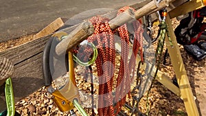 Climbing equipment attached to a wooden stand