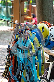 Climbing equipment and helmets in the rope park