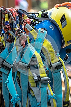 Climbing equipment and helmets in the rope park