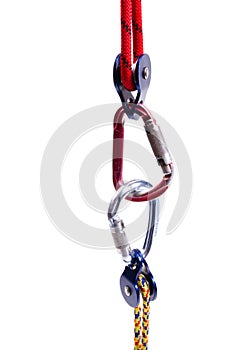 Climbing equipment - pulley, rope, carabiner.