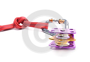 Climbing equipment - pulley, rope, carabiner isolated on white background