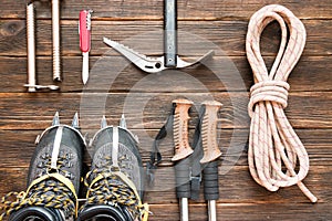 Climbing equipment: rope, trekking shoes, crampons, ice tools, i