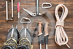 Climbing equipment: rope, trekking shoes, crampons, ice tools, i