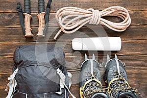 Climbing equipment: rope, trekking shoes, crampons and other set