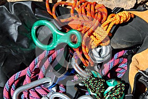 Climbing equipment shackles harnesses ropes photo