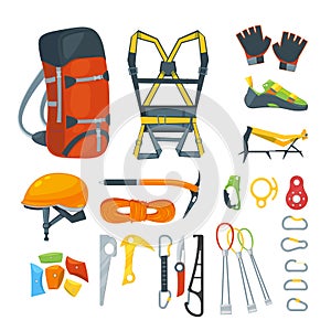 Climbing equipment, vector icons and design elements set. Mountaineering extreme sport gears and accessories photo