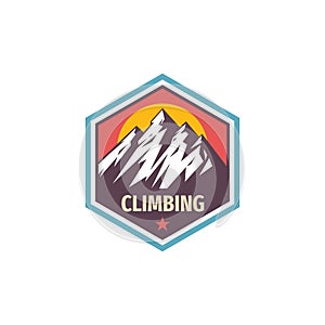 Climbing extreme sport - concept badge design. Mountains hiking creative logo. Adventue expedition outdoors emblem. Vector