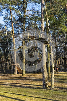 Climbing garden, high ropes course in the forest with various climbing elements and safety ropes between the individual trees and