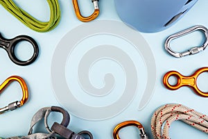 climbing gear on the blue background