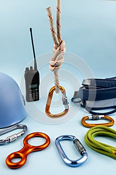 climbing gear on the blue background