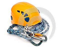 Climbing gear - carabiners, helmet and rope