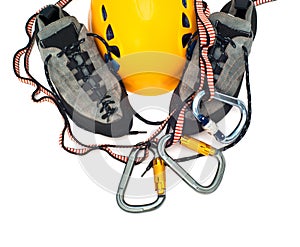 Climbing gear - carabiners, helmet, rope, shoes