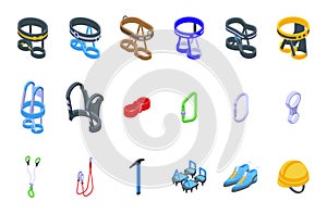 Climbing harness icons set isometric vector. Gear equipment