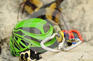 Climbing helmet, carabiner and shoes