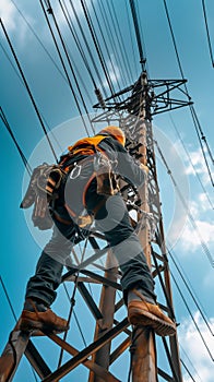 Climbing High: A Safety-Conscious Worker on a Power Pole Under Clear Skies photo