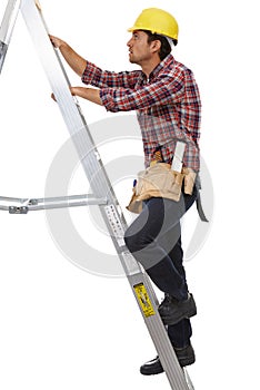 Climbing his way to the top. Shot of a handyman climbing his ladder.