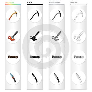 Climbing ice pick, block clamp, coil of rope, knife. Climbing equipment set collection icons in cartoon black monochrome