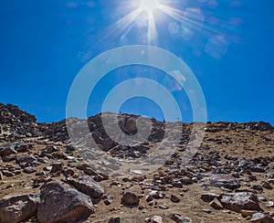 Climbing the Iztaccihuatl volcano, Popocatepetl volcano in Mexico, Tourist on the peak of high rocks. Sport and active life