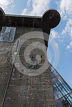 Climbing at the large artificial wall at the House of the Sea, Vienna, Austria