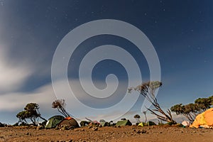 Climbing the mount Kilimanjaro, Machame route - night view over the Shira hut (3766m) campsite (Tanzania)