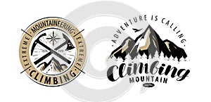 Climbing, mountaineering logo or label. Mountains vector