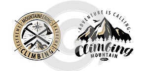 Climbing, mountaineering logo or label. Mountains vector photo