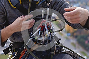 Climbing rope and equipment for high-altitude work, close-up