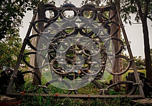 Climbing on a rubber-made playground Due to the children playing on the countryside playground and lacking