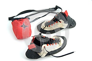 Climbing shoes and the chalk bag