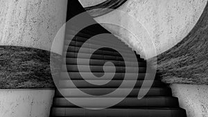 Climbing the spiral shaped black stairs along grey walls, seamless loop. Animation. Minimalistic view of movement