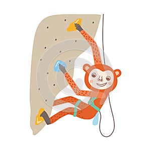 Climbing sport. Cute animal climbs in bouldering park. Vector monkey climber illustration for summer activity