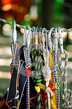 Climbing sports image of a carabiner on a rope