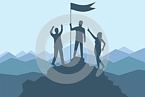 Climbing to the top of the mountain. A group of climbers climbed to the top of the mountain with a flag. Vector illustration
