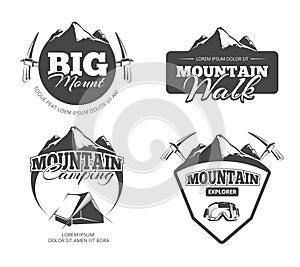 Climbing, trekking, hiking, mountaineering retro vector emblems, labels, badges, logos set