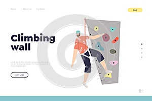 Climbing wall concept of landing page with man on rock or wall in gym or adventure park