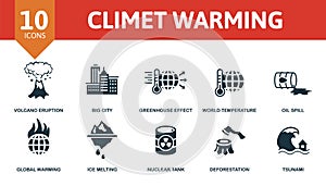 Climet Warming icon set. Collection contain natural oxygen, greenhouse effect, world temperature, volcano eruption, oil