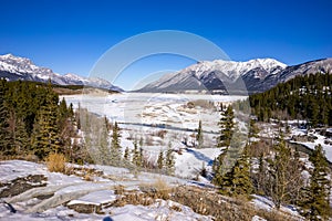 Winter Landscape with snow, mountains, frozen lake and river inflows