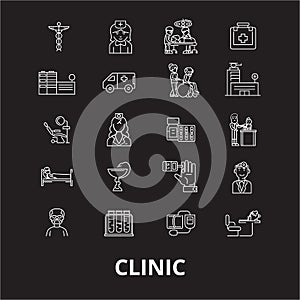 Clinic editable line icons vector set on black background. Clinic white outline illustrations, signs, symbols