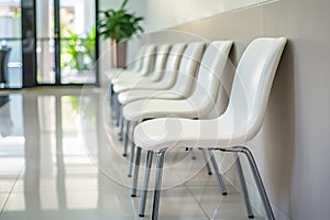 clinic hallways with empty chairs, modern hospital corridor with white chairs for patients, hospital interior, generative ai