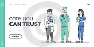 Clinic or Hospital Healthcare Staff at Work Landing Page Template. Doctors and Nurses Characters with Medical Tools