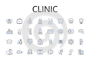 Clinic line icons collection. Hospital, Medical center, Infirmary, Health facility, Doctor's office, Health center