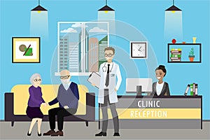 Clinic reception,old caucasian couple, doctor and lady on recept